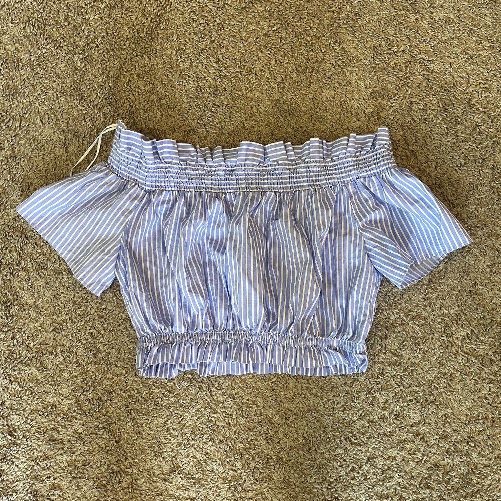 ZARA off the shoulder blue and white striped crop top size S